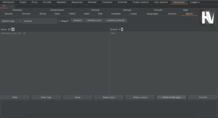 Screenshot of the Burp Hackvertor showing the random_num Hackvertor tag in the input window and and a random number in the output widget.