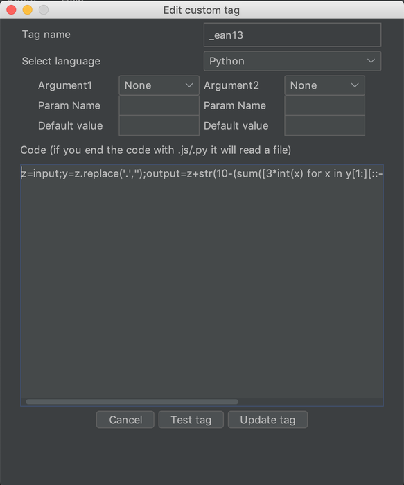 Screenshot of the Hackvertor widget for editing a custom tag. It is the same dialog type as above, but now it edits the ``ean13`` tag with the Python code shown above.