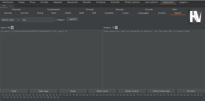 Screenshot of the Hackvertor Burp plugin showing an EAN13 tag and with an error message in the output window. The error message describes that code execution is disabled and how to enable it.