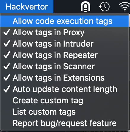 Screenshot of the Hackvertor menu showing how to enable code execution tags.