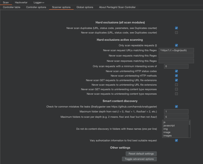 Scanner options showing advanced smart content discovery options.