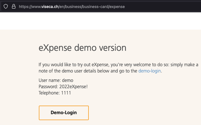 Viseca's website offering the eXpense demo login.