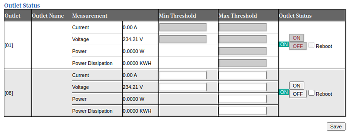 Restricted access is reflected by the web interface by only showing the outlets that are considered to be under control, here outlet 1 and 8.