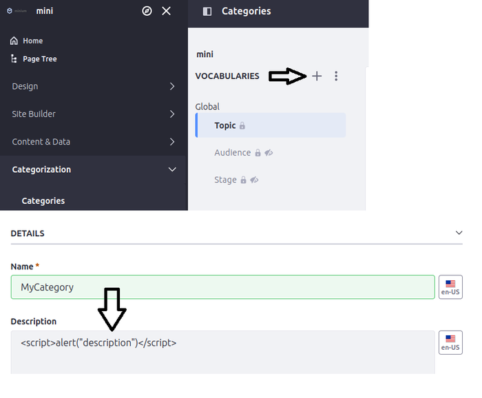 XSS payloads in the description field of a vocabulary entry.